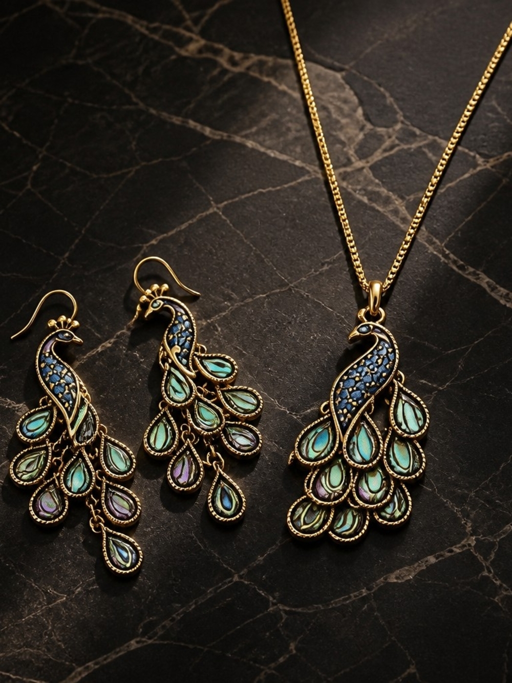 Gold Tone Peacock Pendant Necklace and Earrings Set with Teal Accents